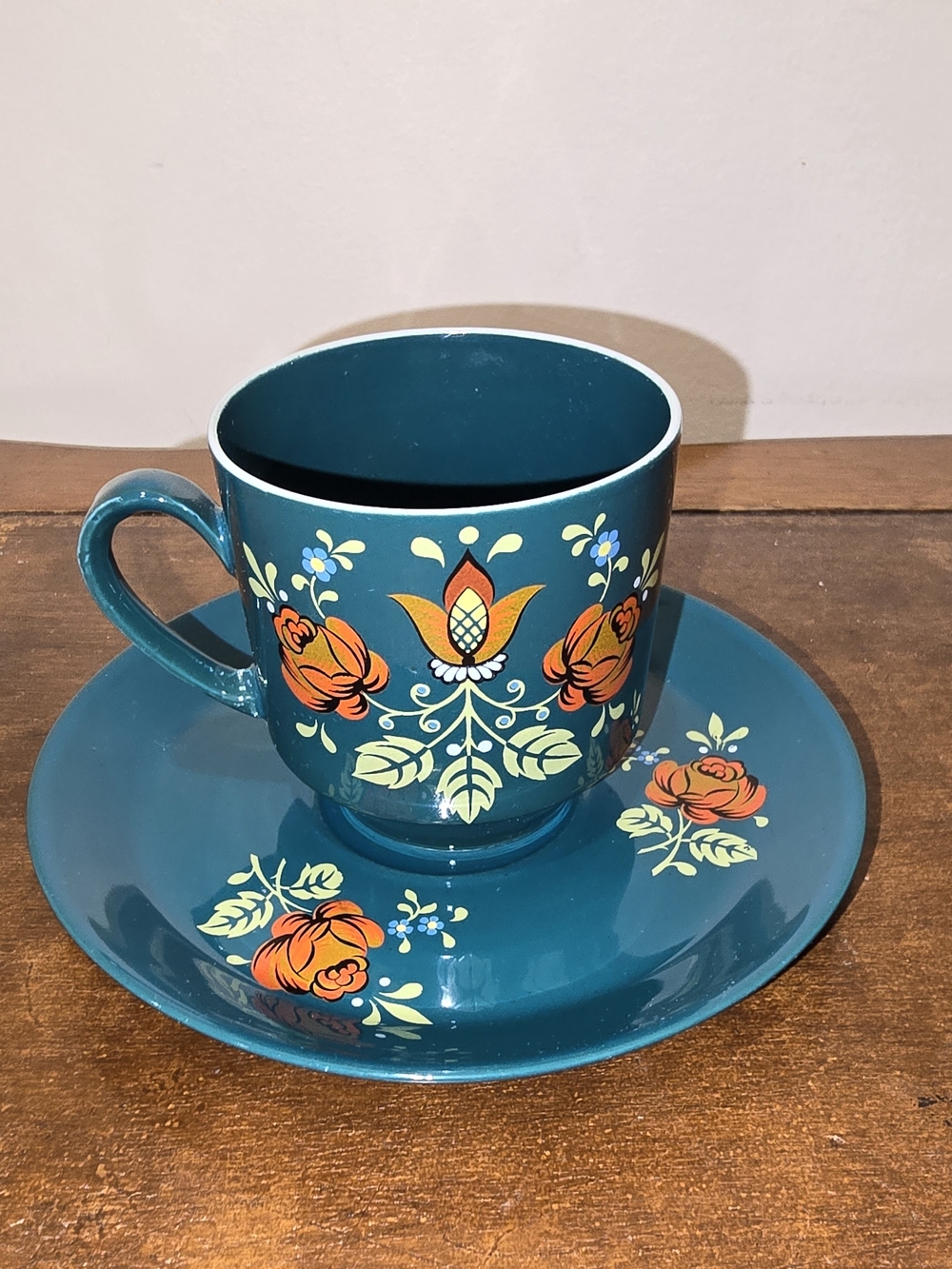 Vintage Rosa Bavaria Porzellan Teal Floral Cup & Saucer Set German Folk Art Tea